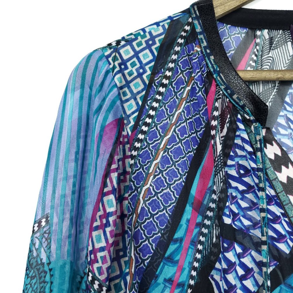 Hale Bob Ladonna Silk Chiffon Teal Crepe Blouse - Picture 3 of 9